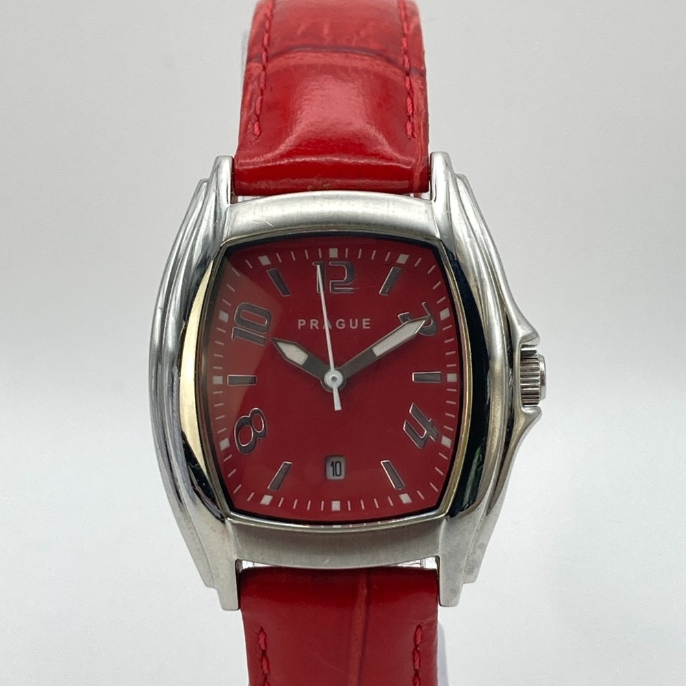 Prague Women's Watch 31mm Silver Tone Red Date WR 50M New Battery 8"